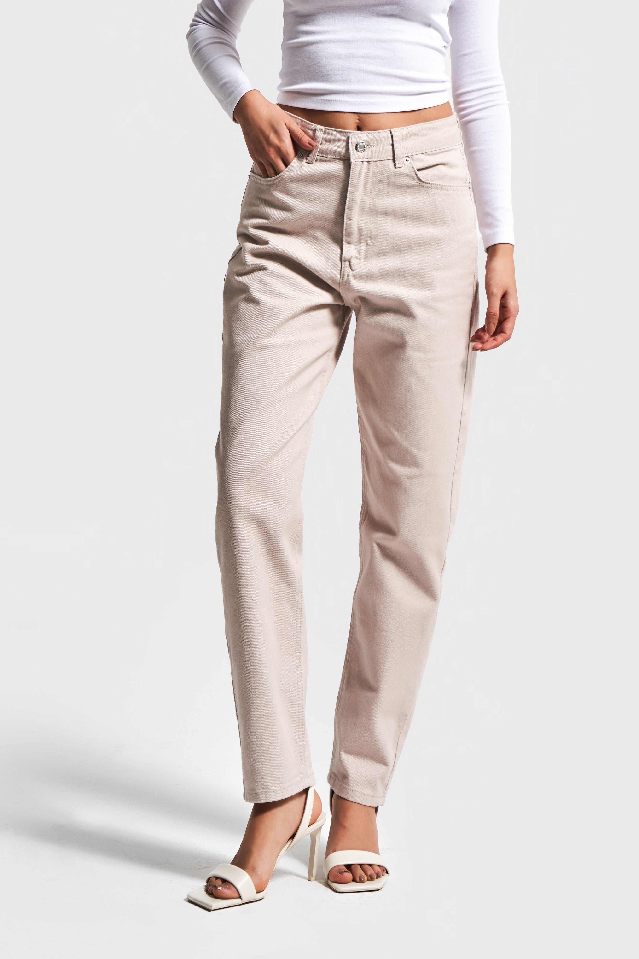 High Waist Beige Mom Jeans