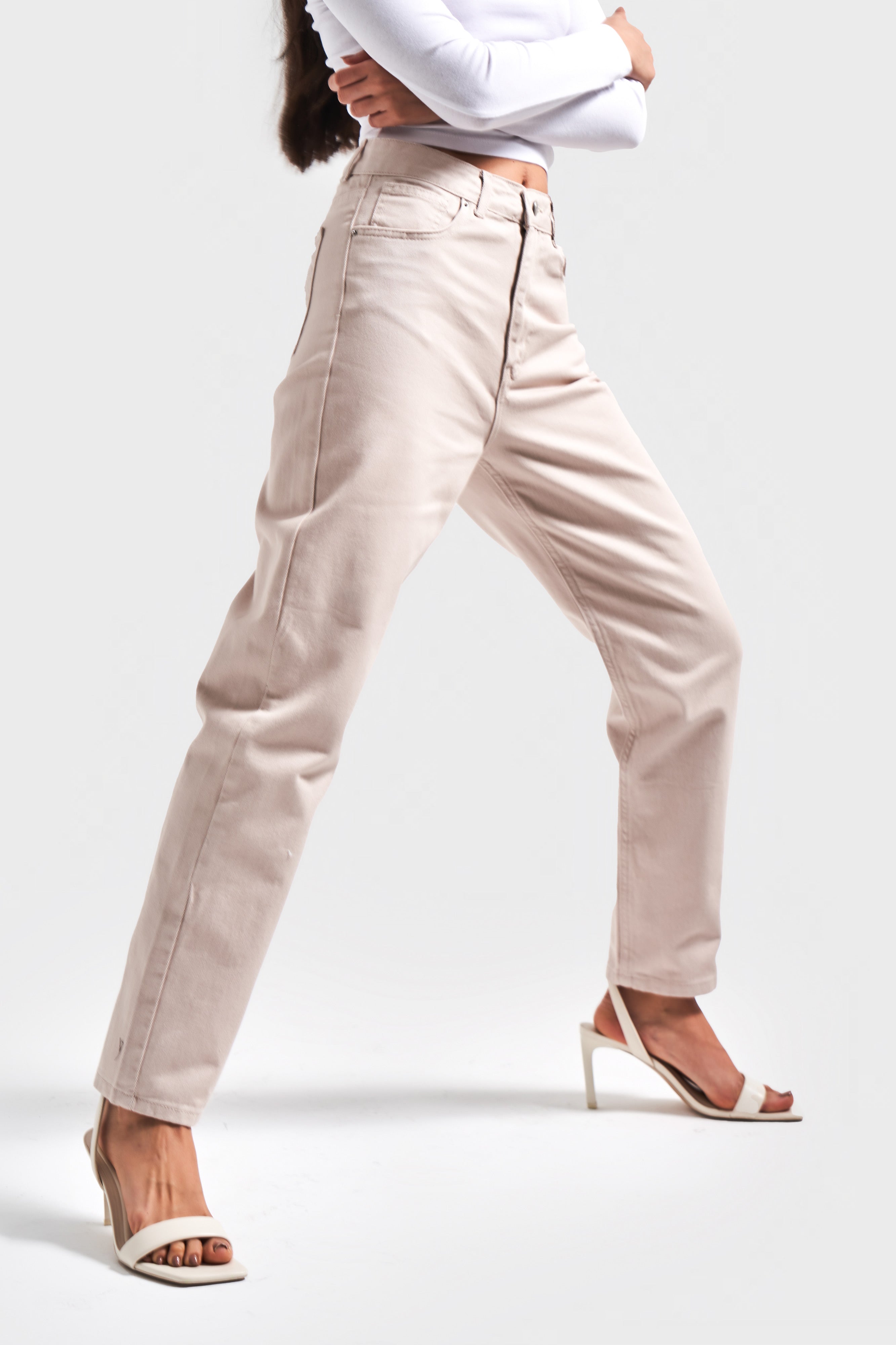 High Waist Beige Mom Jeans